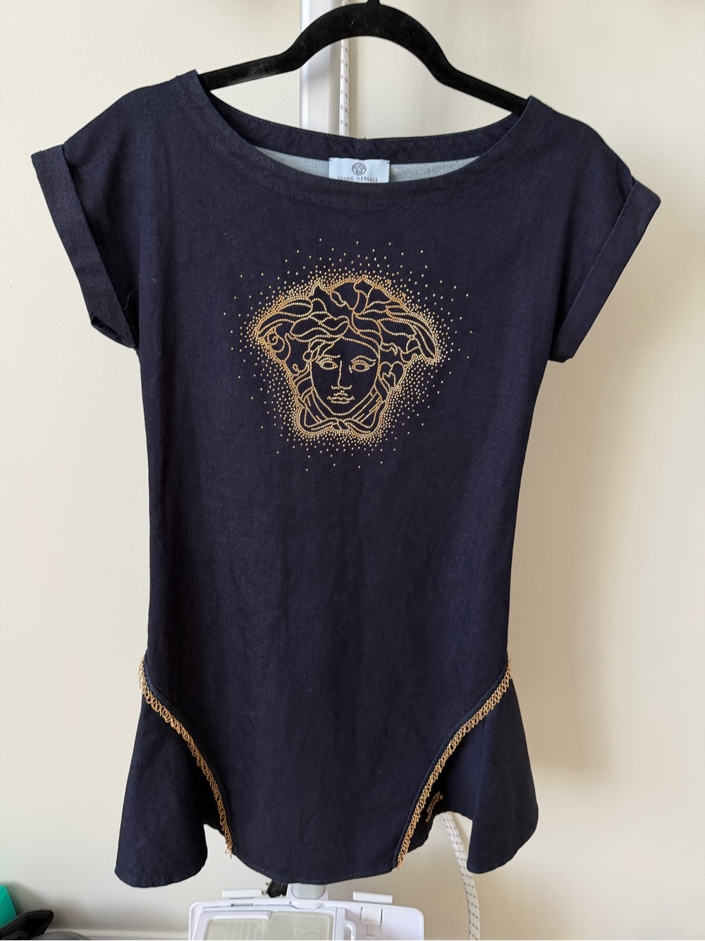 Versace Young Versace girls denim Navy dress with Gold Medusa Detail, 10-12Y
